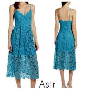 ASTR the Label Teal Blue Lace Spaghetti straps Midi Dress